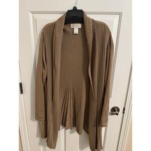 Maurada Vintage Drape Front Long Cardigan Cotton Blend Stretch Taupe Tan 2X
